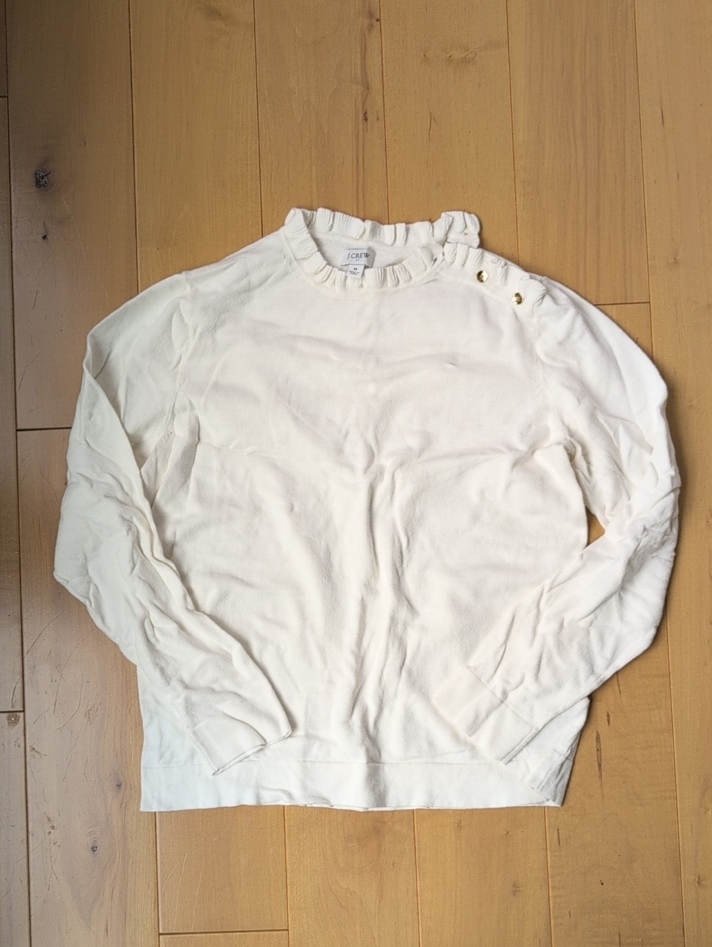 J. Crew Cream Ruffle Neck Sweater with Gold Shoulder Buttons